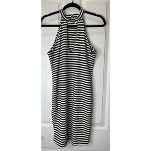 Order Plus Medium black white stripe midi dress sleeveless v-neck key hole front